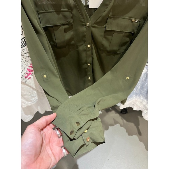 Vintage Y2K bebe Army Green Lace Back Button Down Blouse Size Medium - Picture 5 of 8